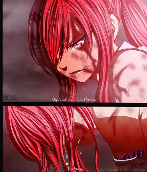 Anime picture 1300x1517 with fairy tail erza scarlet ric9duran long hair tall image fringe pink hair ponytail pink eyes hair over one eye inscription tattoo tears coloring light smoke multiview crying manga girl