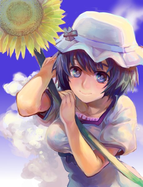 Anime picture 1019x1335 with steins;gate white fox shiina mayuri motiko single tall image looking at viewer fringe short hair breasts purple eyes holding sky purple hair eyes closed girl flower (flowers) bow hat sunflower