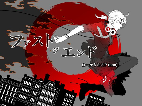 Anime picture 1024x768 with vocaloid nitro kyosuke single fringe short hair red eyes ahoge white hair ponytail profile pleated skirt inscription hieroglyph monochrome lacing jumping twisty sleeves girl skirt hair ornament