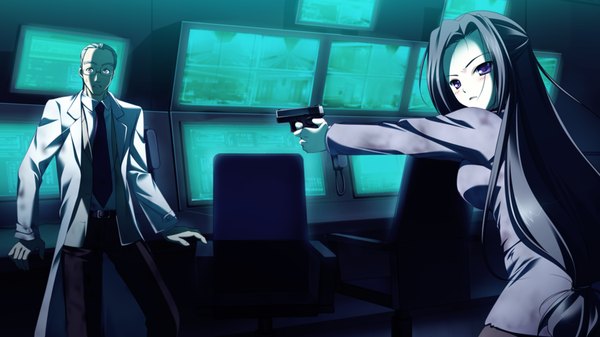 Anime picture 1280x720 with root double fsubakiyama ena long hair blush black hair wide image purple eyes game cg girl boy weapon gun suit labcoat