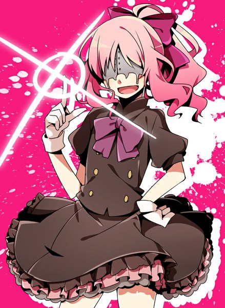 Anime picture 650x888 with kekkai sensen studio bones aligula watarai single long hair tall image fringe open mouth standing pink hair ponytail hand on hip pink background pointing girl dress gloves bow hair bow