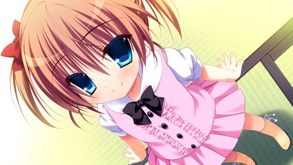 Anime picture 1280x720 with pure girl hoshizuki sora nanaka mai blush short hair blue eyes brown hair wide image twintails game cg loli short twintails girl dress bow hair bow