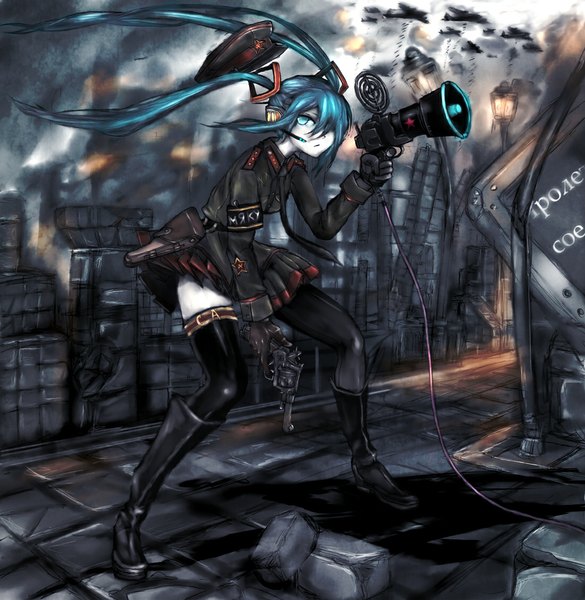 Anime picture 1100x1129 with vocaloid koi wa sensou (vocaloid) hatsune miku panzer long hair tall image fringe blue eyes twintails aqua eyes hair over one eye aqua hair military girl weapon hat gun building (buildings) cap wire (wires)