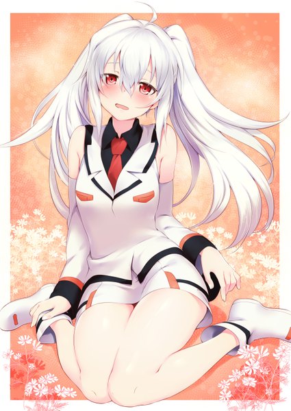 Anime picture 2257x3187 with plastic memories isla (plastic memories) mdastarou single long hair tall image blush fringe highres open mouth red eyes sitting twintails ahoge bent knee (knees) white hair long sleeves girl flower (flowers) detached sleeves