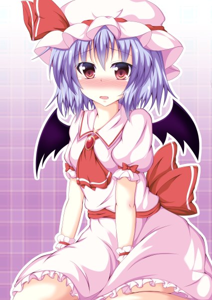 Anime picture 1700x2400 with touhou remilia scarlet naba (take tonbo) single tall image looking at viewer blush short hair open mouth red eyes blue hair tears girl dress wings frills bonnet