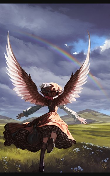 Anime picture 625x1000 with touhou mystia lorelei yamamomo (plank) single tall image short hair sky cloud (clouds) from behind back spread arms mountain running field girl dress plant (plants) wings boots frills