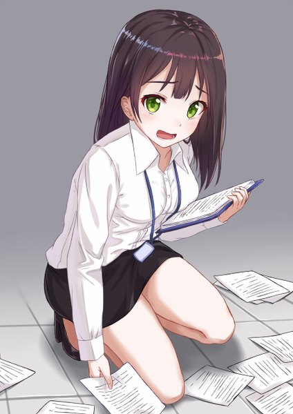 Anime picture 904x1280 with original itachi kanade single long hair tall image looking at viewer blush fringe open mouth simple background brown hair holding green eyes bent knee (knees) grey background high heels squat office lady girl skirt
