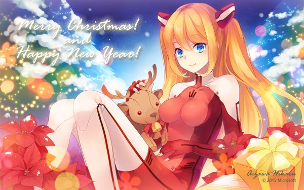 Anime picture 2560x1600 with microsoft aizawa hikaru shinia single long hair looking at viewer highres blue eyes light erotic smile orange hair new year happy new year girl hair ornament flower (flowers) bodysuit gift