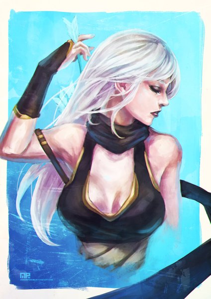 Anime picture 2477x3504 with league of legends ashe (league of legends) monori rogue single long hair tall image highres breasts simple background white hair eyes closed lips lipstick eyeshadow framed girl arrow (arrows)