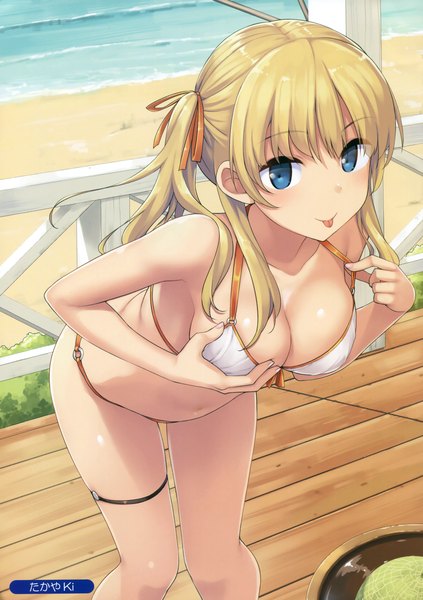 Anime picture 2388x3390 with melonbooks takayaki single long hair tall image looking at viewer highres breasts blue eyes light erotic blonde hair twintails cleavage girl swimsuit bikini tongue