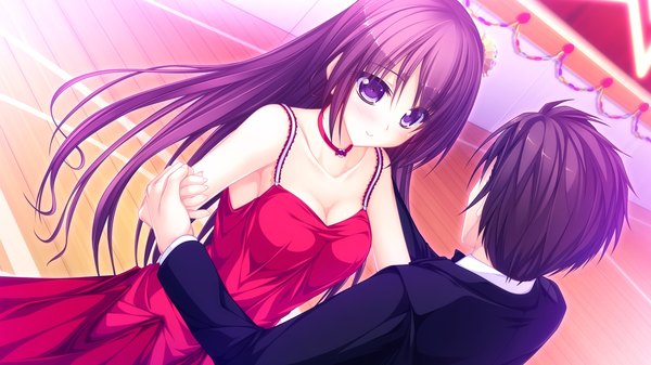 Anime picture 1920x1080 with usotsuki ouji to nayameru ohime-sama seiko arisu tenmaso long hair highres short hair blue eyes black hair wide image game cg purple hair couple girl dress boy