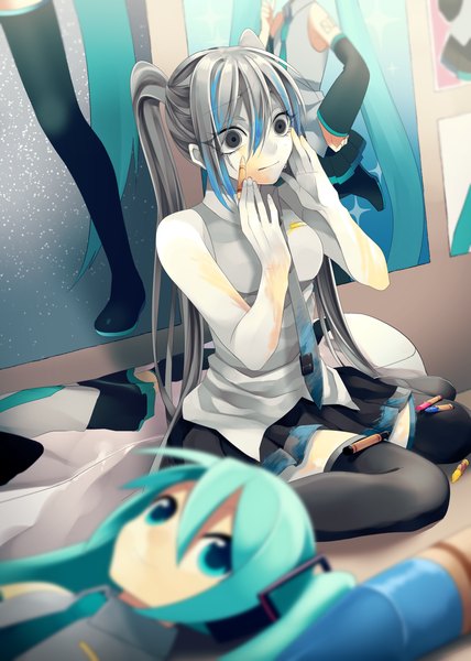 Anime picture 1000x1403 with vocaloid hatsune miku oniyama831 single long hair tall image sitting twintails bare shoulders very long hair grey hair grey eyes girl thighhighs skirt necktie poster
