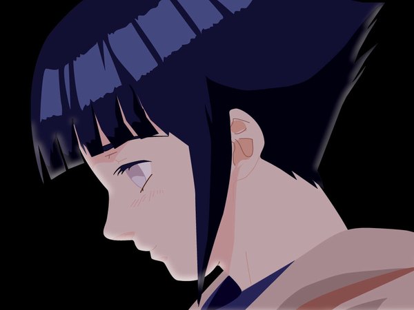 Anime picture 1024x768 with naruto studio pierrot naruto (series) hyuuga hinata single blush fringe short hair simple background payot blue hair upper body profile light smile black background looking down portrait white eyes no pupils girl