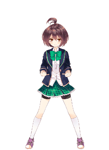Anime picture 640x880 with girlfriend (kari) ooyama mayuri qp:flapper single tall image looking at viewer blush short hair smile brown hair brown eyes full body ahoge official art transparent background fighting stance girl uniform school uniform socks