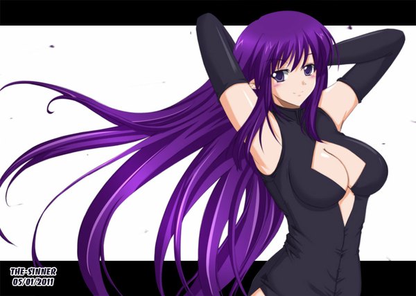 Anime picture 1024x731 with original rina (original) the-sinner single long hair looking at viewer blush light erotic purple eyes cleavage purple hair light smile pointy ears arms behind head girl gloves elbow gloves