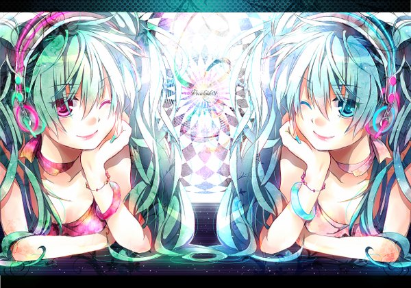 Anime picture 1250x875 with vocaloid hatsune miku shigaraki (strobe blue) long hair blue eyes smile twintails multiple girls blue hair one eye closed pink eyes green hair wink dual persona girl 2 girls bracelet headphones