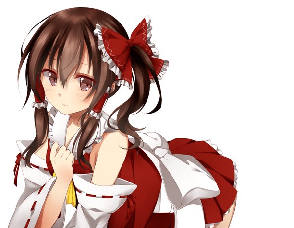 Anime picture 3600x2800 with touhou hakurei reimu minoku (hiromitvxq) single long hair blush highres simple background red eyes brown hair white background absurdres traditional clothes miko girl bow hair bow detached sleeves