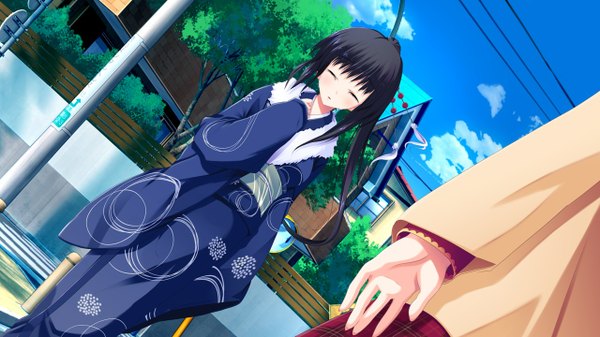 Anime picture 1280x720 with sakura no sora to kimi no koto long hair black hair wide image game cg eyes closed japanese clothes girl kimono