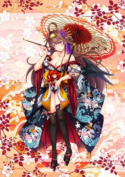 Anime picture 1000x1414 with kantai collection kongou battleship aata1007 single long hair tall image looking at viewer blush breasts light erotic brown hair purple eyes bare shoulders cleavage full body ahoge traditional clothes head tilt japanese clothes hair flower