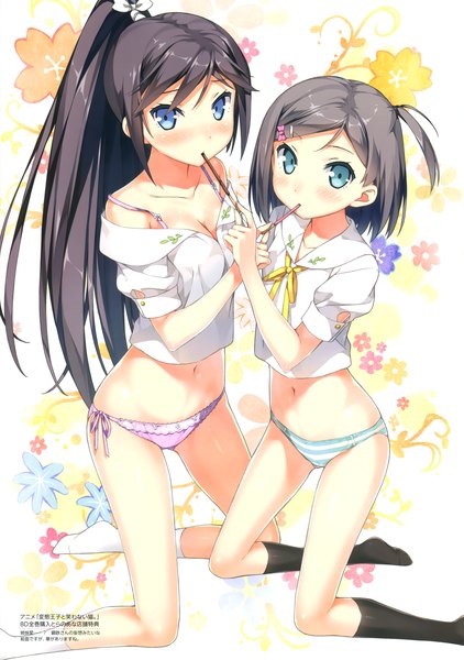 Anime picture 2531x3600 with hentai ouji to warawanai neko j.c. staff tsutsukakushi tsukiko tsutsukakushi tsukushi kantoku long hair tall image looking at viewer blush highres short hair blue eyes light erotic black hair multiple girls ponytail grey hair scan official art loli