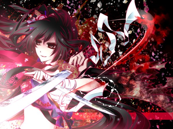 Anime picture 1500x1125 with vocaloid vy1 (mizki) tyouya single long hair black hair smile red eyes nail polish girl bow weapon sword katana bandage (bandages)