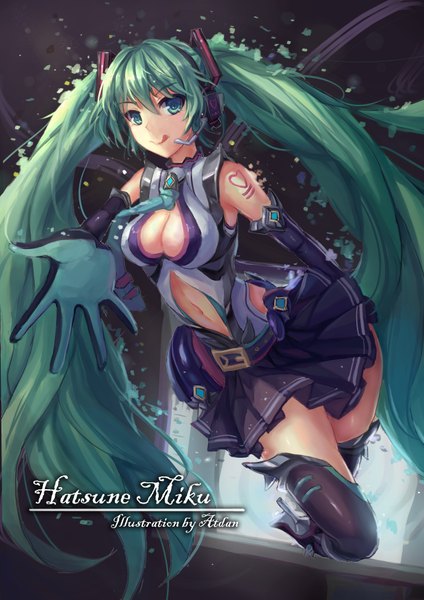 Anime picture 2479x3507 with vocaloid hatsune miku atdan single long hair tall image fringe highres breasts light erotic large breasts twintails bare shoulders bent knee (knees) aqua eyes aqua hair bare belly tattoo outstretched arm girl