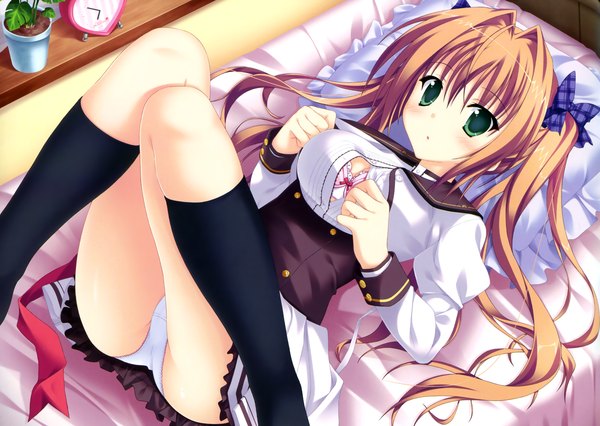 Anime picture 3007x2138 with princess evangile sagisawa chiho yamakaze ran long hair highres light erotic brown hair twintails green eyes absurdres legs girl uniform underwear panties bow hair bow school uniform socks black socks