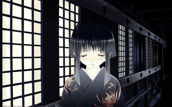Anime picture 2560x1600 with original major-kusinagi highres black hair wide image eyes closed japanese clothes girl yukata