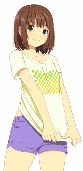 Anime picture 519x1056 with original mattaku mousuke single tall image looking at viewer fringe short hair simple background smile brown hair white background green eyes checkered girl shorts t-shirt