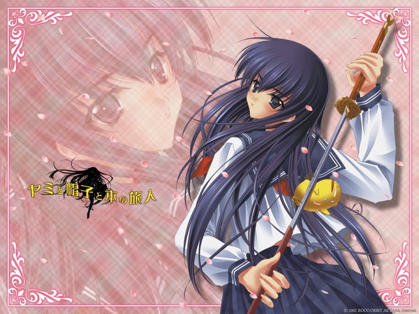 Anime picture 1600x1200 with yami to boushi to hon no tabibito studio deen azuma hazuki ken-chan carnelian single long hair looking at viewer blush fringe black hair hair between eyes black eyes wallpaper zoom layer unsheathing girl uniform weapon sword