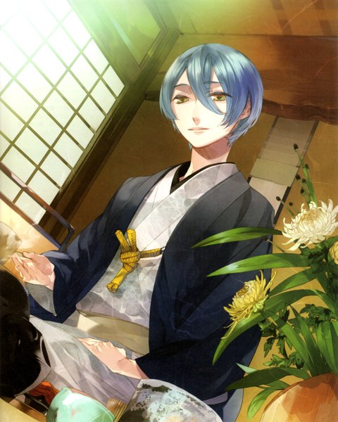 Anime picture 4258x5320 with starry sky homare kanakubo kazuaki single tall image looking at viewer highres short hair sitting yellow eyes blue hair absurdres japanese clothes scan official art boy flower (flowers) sliding doors japanese house shouji