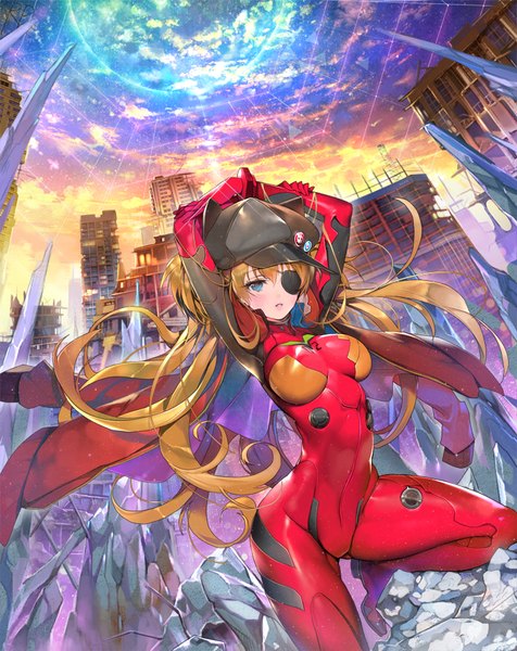 Anime picture 700x881 with neon genesis evangelion gainax soryu asuka langley repi987 single long hair tall image looking at viewer blush blue eyes sky orange hair arms up city girl building (buildings) bodysuit eyepatch flat cap stone (stones)