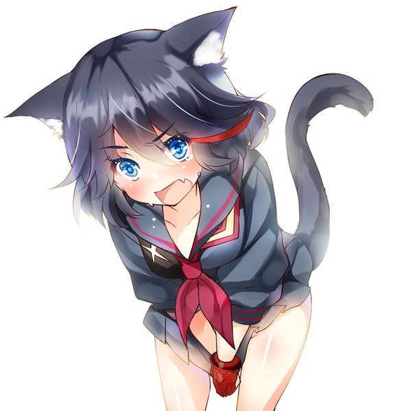 Anime picture 768x800 with kill la kill studio trigger matoi ryuuko senketsu miwabe sakura single tall image blush short hair open mouth blue eyes light erotic black hair simple background standing animal ears red hair tail animal tail pleated skirt