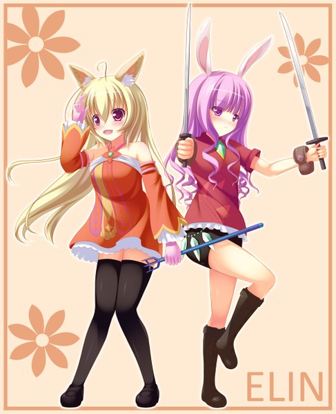 Anime picture 1000x1232 with tera online psyche3313 pushuke (artist) long hair tall image blush open mouth blonde hair smile purple eyes multiple girls purple hair girl thighhighs dress weapon black thighhighs 2 girls sword shorts
