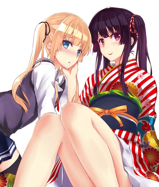 Anime picture 1721x2015 with saenai heroine no sodatekata a-1 pictures kasumigaoka utaha sawamura spencer eriri mizuki ame long hair tall image blush highres black hair simple background blonde hair white background twintails multiple girls traditional clothes japanese clothes girl thighhighs uniform