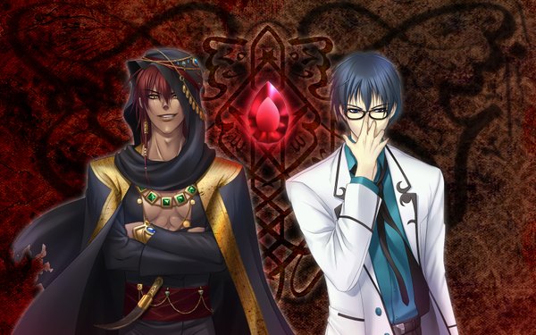 Anime picture 1680x1050 with original shirohebi maru short hair blue eyes black hair wide image yellow eyes red hair multiple boys wallpaper adjusting glasses boy weapon earrings glasses necktie 2 boys jewelry suit dagger