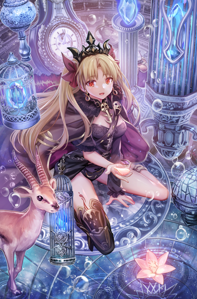 Anime picture 800x1213 with fate (series) fate/grand order toosaka rin ereshkigal (fate) torino aqua single long hair tall image looking at viewer fringe breasts open mouth light erotic blonde hair smile hair between eyes red eyes sitting holding full body