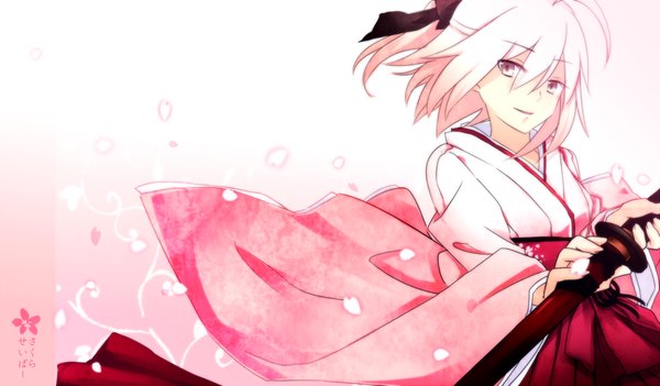 Anime picture 1200x702 with fate (series) fate/grand order studio deen type-moon okita souji (fate) (all) okita souji (koha-ace) fulunukko single looking at viewer short hair open mouth blonde hair smile wide image traditional clothes japanese clothes cherry blossoms half updo sheathed girl