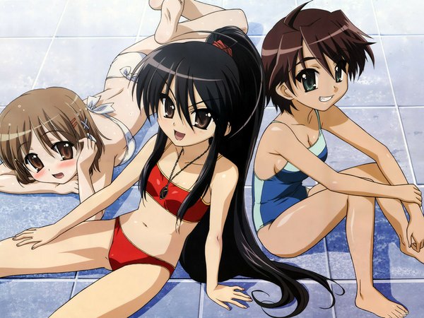 Anime picture 1024x768 with shakugan no shana j.c. staff shana yoshida kazumi ogata matake multiple girls girl swimsuit bikini 3 girls one-piece swimsuit white bikini red bikini