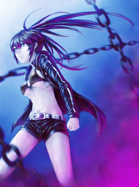 Anime picture 868x1166 with black rock shooter black rock shooter (character) mstm single long hair tall image blue eyes black hair looking away from below scar girl navel shorts short shorts chain bikini top fist