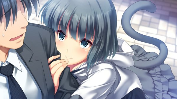 Anime picture 1024x576 with d-eve in you takeoka minami short hair blue eyes black hair wide image game cg cat tail girl dress