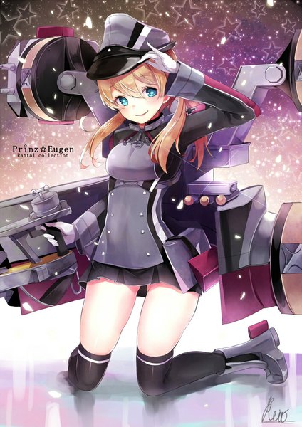 Anime picture 706x1000 with kantai collection prinz eugen (kantai collection) reio reio single long hair tall image looking at viewer blush blue eyes blonde hair signed kneeling girl thighhighs dress gloves weapon hat white gloves armor