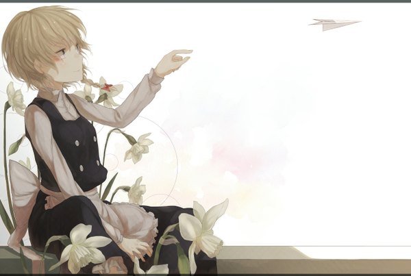 Anime picture 1359x914 with touhou kirisame marisa yushika single blush short hair blue eyes blonde hair sitting looking away no hat girl dress skirt flower (flowers) skirt set paper airplane daffodil