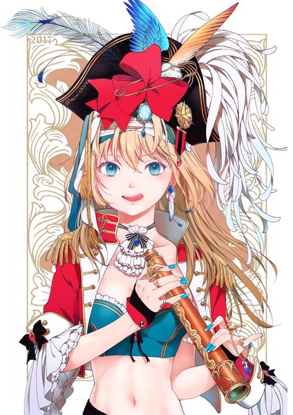Anime picture 707x1000 with original mercicassie single long hair tall image looking at viewer blonde hair holding signed nail polish aqua eyes fingernails open jacket midriff long fingernails licking blue nail polish 2017 pirate girl