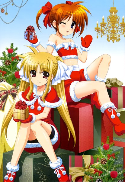 Anime picture 4087x5921 with mahou shoujo lyrical nanoha nyantype fate testarossa takamachi nanoha long hair tall image blush highres short hair blue eyes blonde hair red eyes sitting twintails multiple girls absurdres one eye closed wink orange hair official art