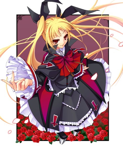 Anime picture 1000x1230 with blazblue rachel alucard sayo wini single long hair tall image simple background blonde hair smile red eyes loli framed lolita fashion goth-loli girl dress flower (flowers) bow hair bow rose (roses)