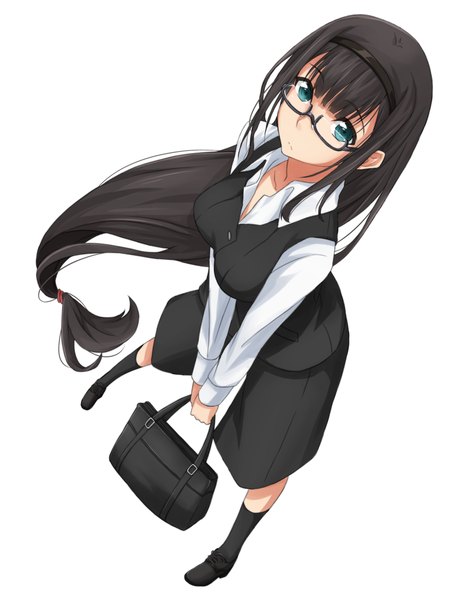Anime picture 971x1276 with original sblack single long hair tall image looking at viewer blue eyes black hair simple background white background girl skirt glasses hairband bag skirt set