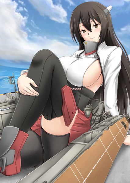 Anime picture 1000x1407 with kantai collection nagato battleship taihou armored aircraft carrier fuuma nagi single long hair tall image looking at viewer blush breasts light erotic black hair smile large breasts sitting brown eyes sky cloud (clouds) cosplay girl