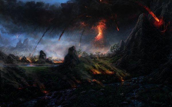 イラスト 1680x1050 と オリジナル fel-x (artist) signed cloud (clouds) 壁紙 smoke mountain no people scenic river nature lava volcano 植物 木 水