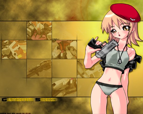 Anime picture 1280x1024 with gundam seed cagalli yula athha blush light erotic bare legs navel pendant beret pistol